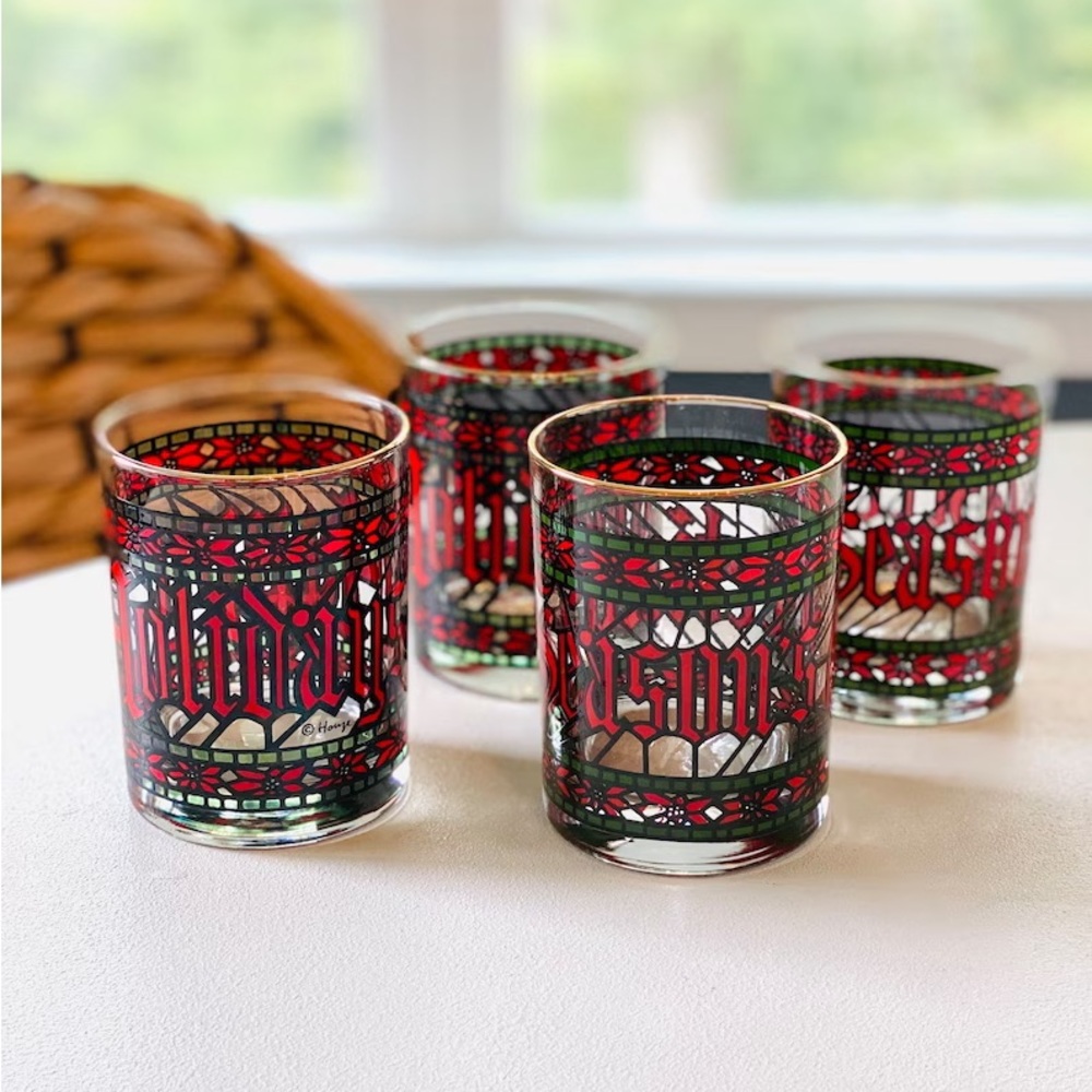 VINTAGE HOUZE SET OF 4 SEASONS GREETINGS Old Fashion Glasses Gold Trim.